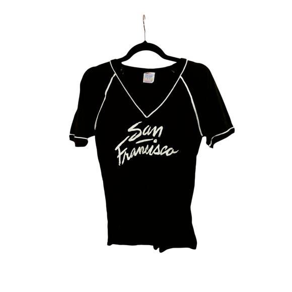Vintage 1980s San Francisco Ringer Brown V-Neck Tee – Retro Tourist Shirt - Picture 2 of 3